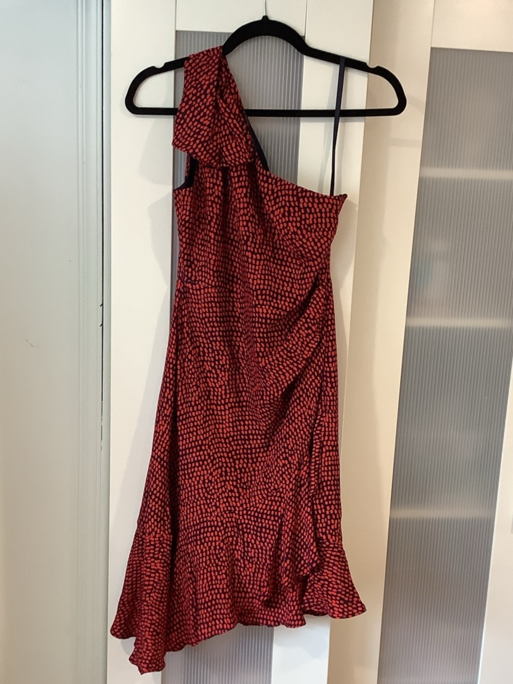 Club Monaco Red One-Shoulder Midi Dress with Dot Print